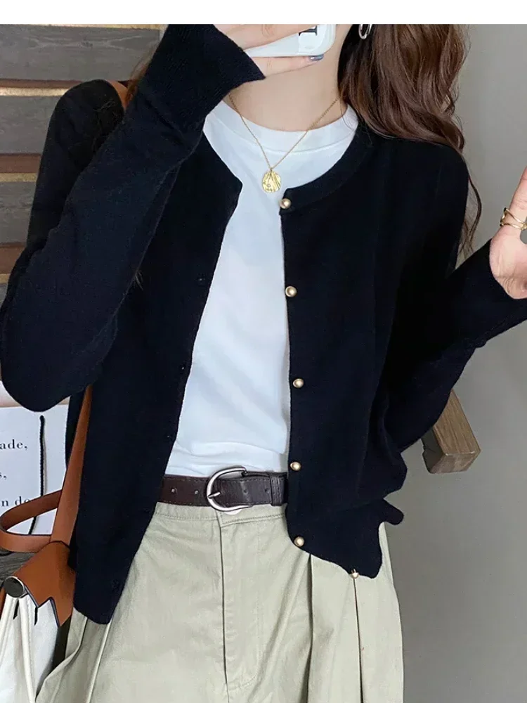 Solid Color Knitted for Women Cardigan Korean Single Breasted Long Sleeve Jumper Woman Round Neck All Match Cardigans Outwear image 5