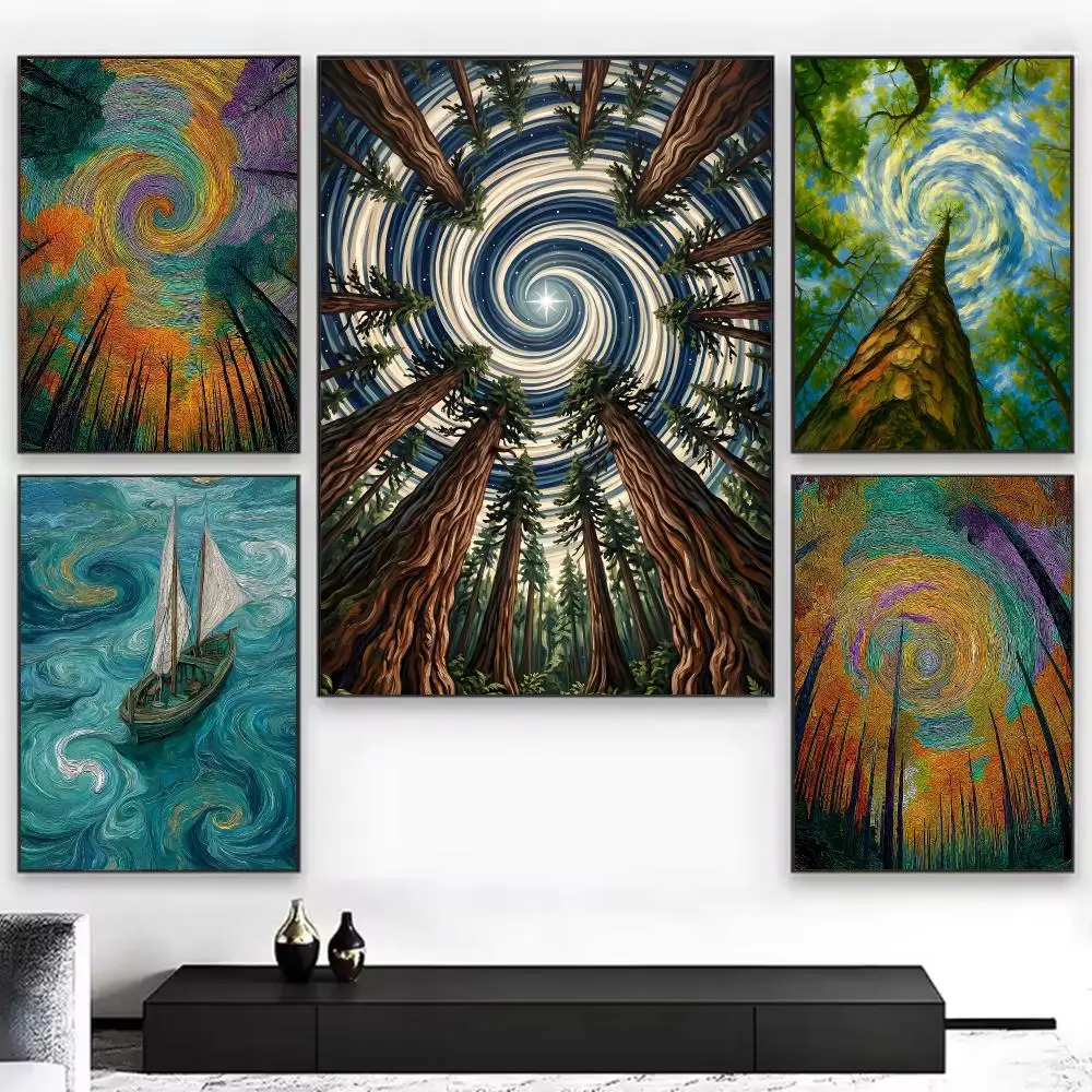 Painterly Style V-van Gogh Swirl Impasto Style Poster Chic Aesthetic Self-Stick Wall Poster Bedroom & Dorm Room Decor