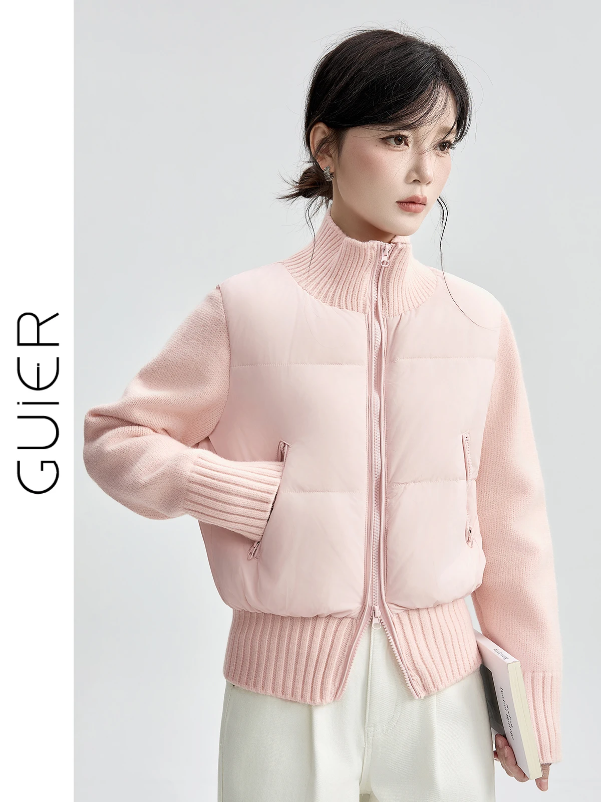 

Женская зимняя куртка Guier с вязаными вставками и пуховым наполнителем, новая модель, белая, с воротником-стойкой, теплая, розовая верхняя одежда