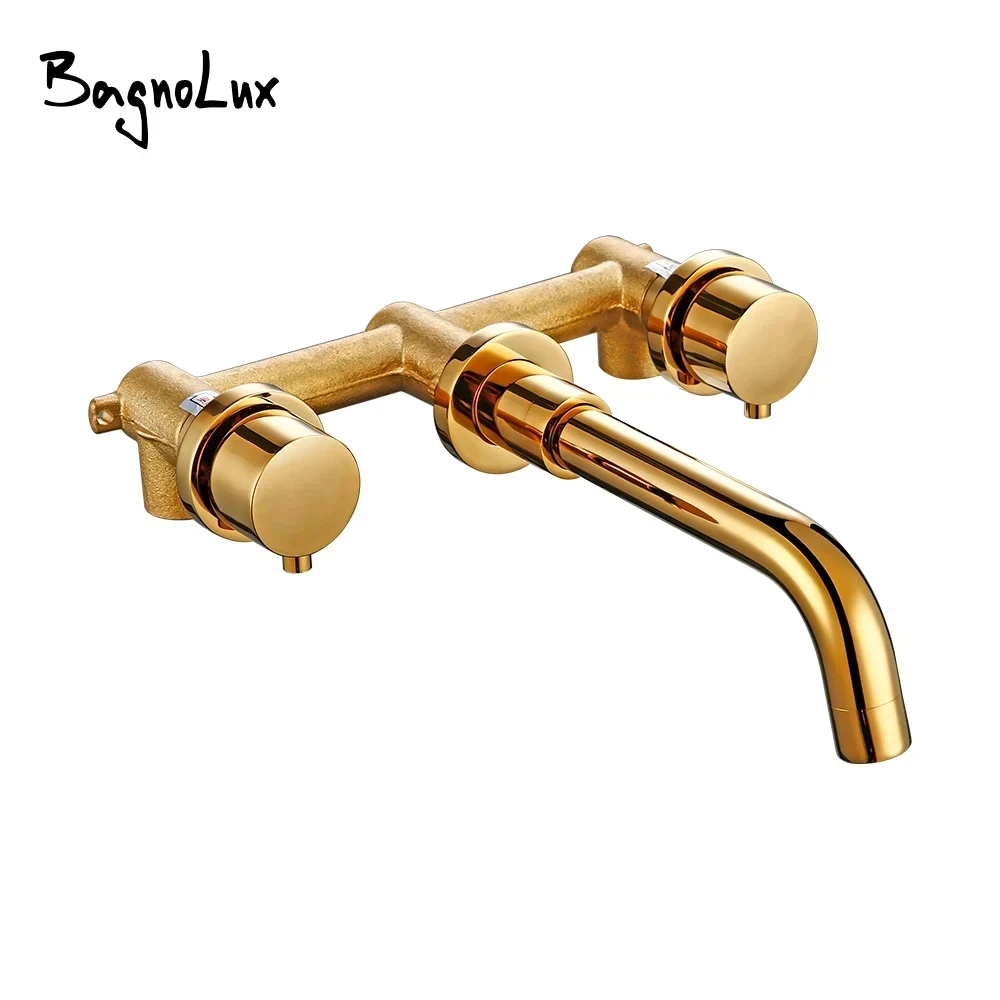 Bagnolux Polished Gold Brass Siamese Double Hole Wall Embed Mounted Hot Cold Mixed Waterfall Bathtub Filling Bathroom Faucet