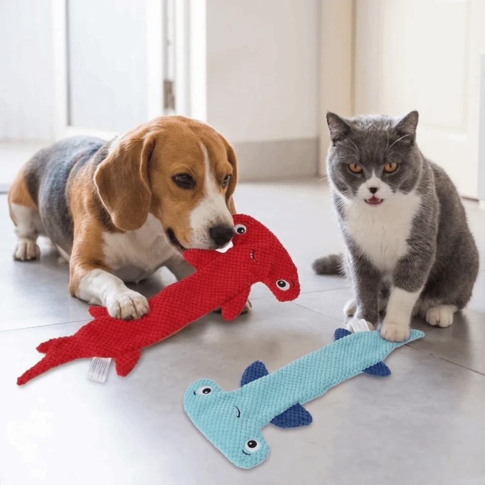 Juguete duradero y suave de tiburón martillo con sonido incorporado, figura adorable, juguete para perro resistente a mordidas, forma vívida, juguete chirriante para mascotas con efecto calmante