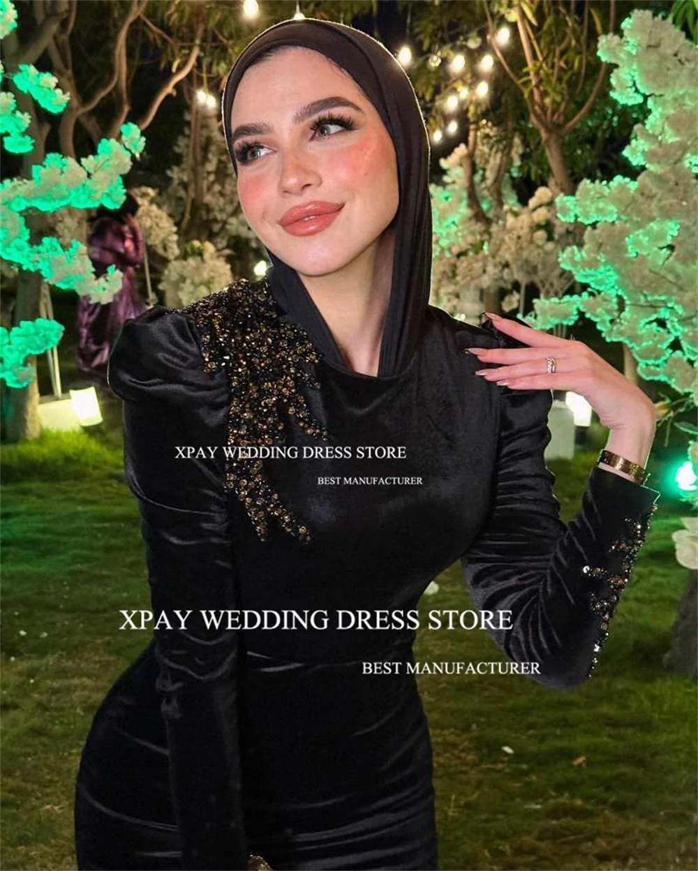 XPAY Luxury Black Velvet Mermaid Evening Dresses Beadings Dubai Arabic Women Muslim Long Sleeves Formal Celebrity Prom Gowns