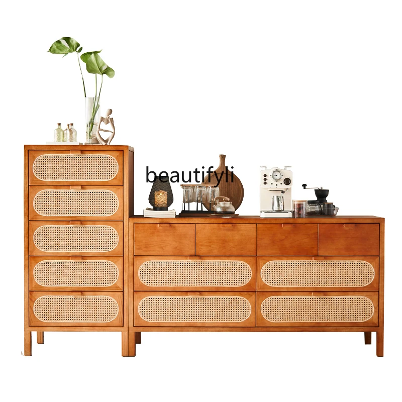 

Ash Wood Chest of Drawers Nordic Household Rattan Drawer Storage Cabinet Bed & Breakfast Solid Wood Locker