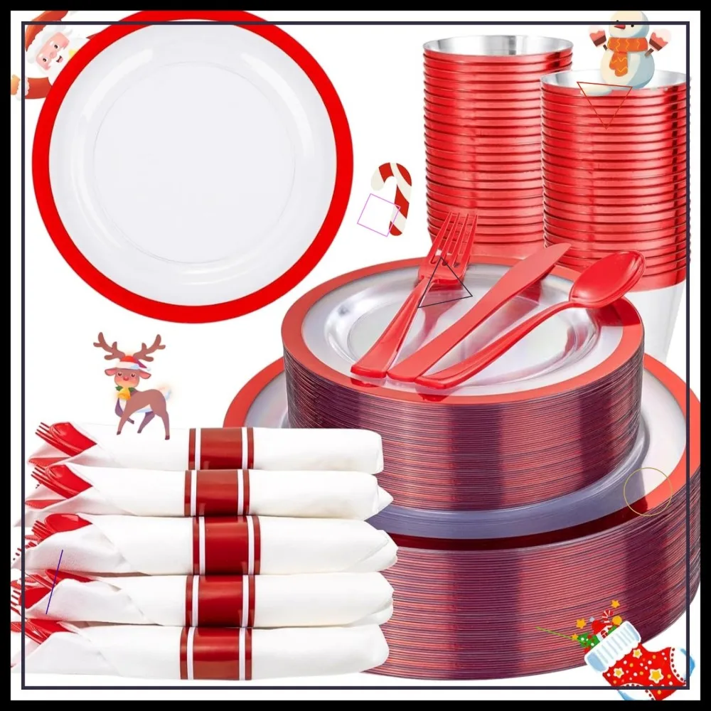 

350PCS Red Plastic Disposable Plates, Napkins & Cups Set for Christmas Party and Holiday Events