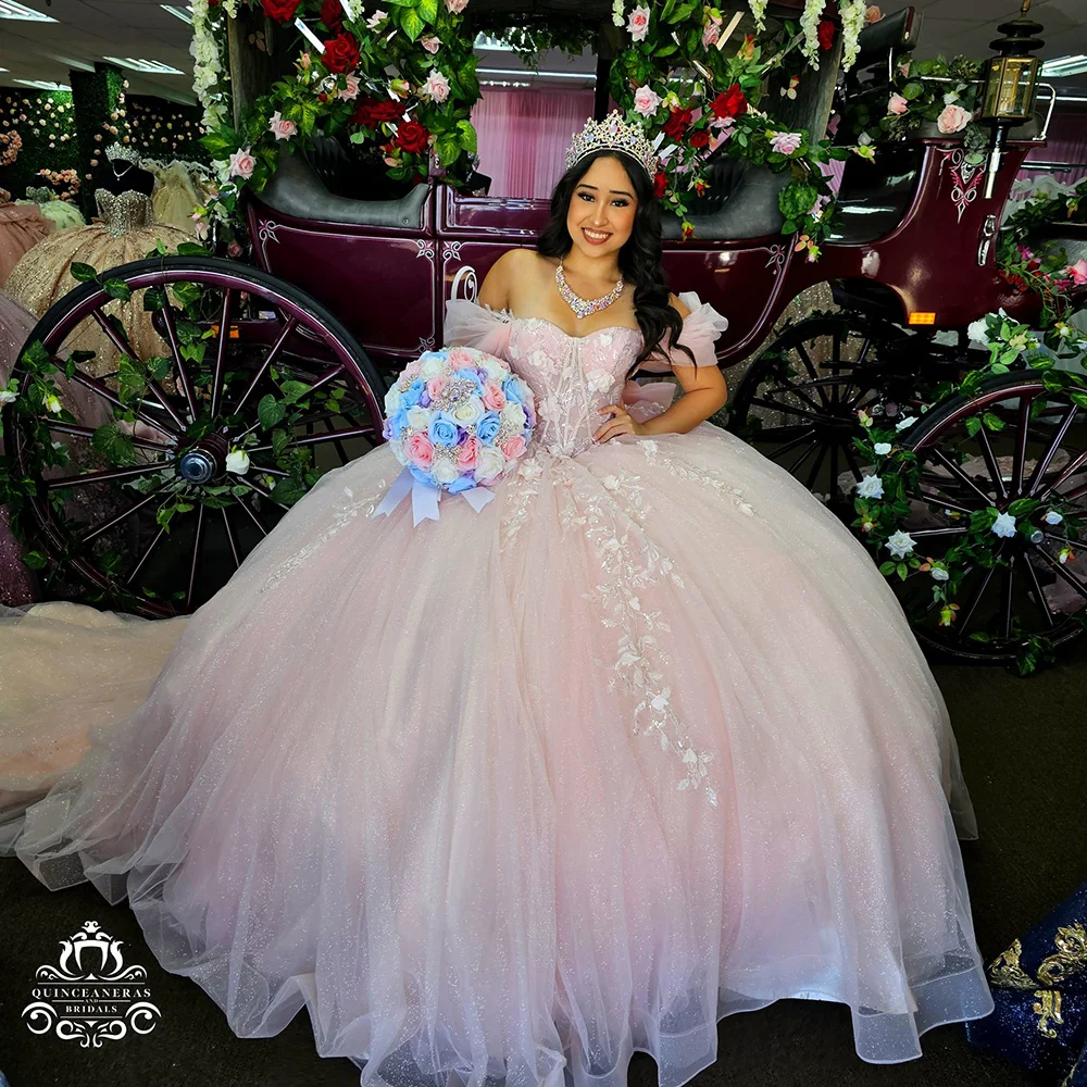 

Pink Off The Shoulder Bow Quinceanera Dresses Ball Gown 3D Floral Lace Mexican Sweet 16 XV Anos