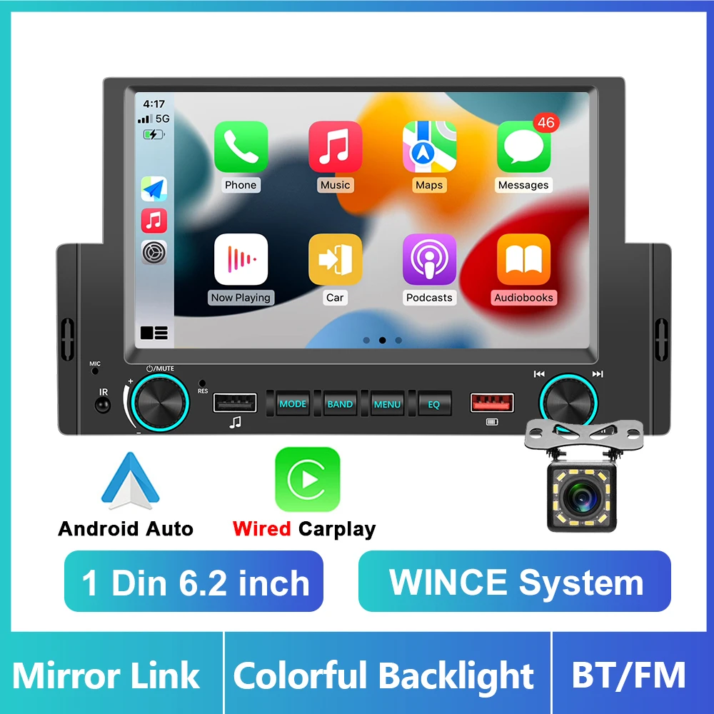 Podofo 6.2'' autoradio 1 Din Carplay Android Auto multimediaspeler HD touchscreen FM Bluetooth MirrorLink universele autoradio