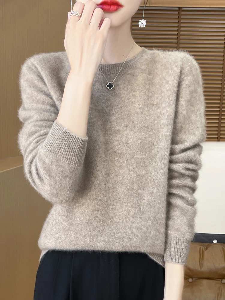 Suéter de lana merina de 100% para mujer, jerséis con cuello redondo, prendas de punto de Cachemira suaves y cómodas, Tops con parte inferior Base para mujer