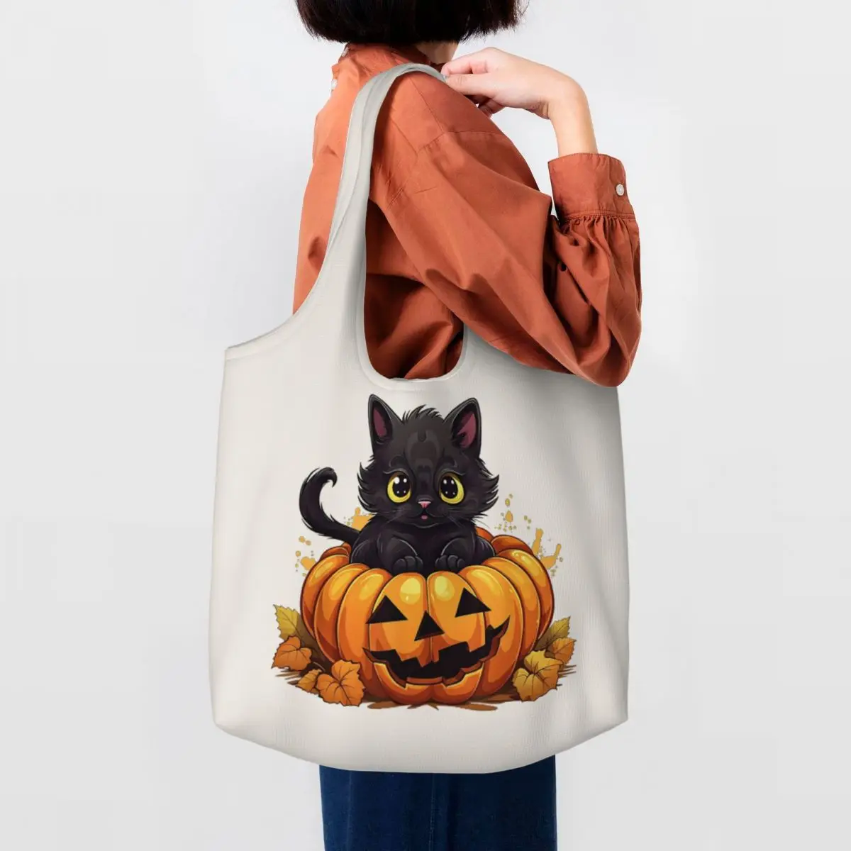 Adorable Halloween Kitty Funny Halloween Print Cotton Tote Bag - Casual Commuter Shoulder Bag for Grocery Shopping