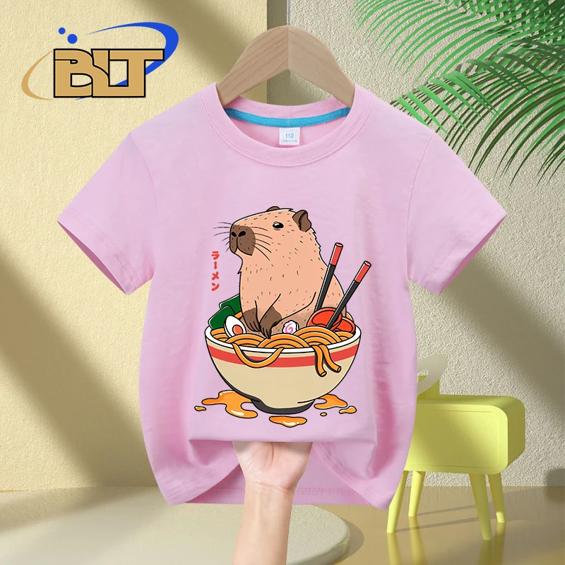 Cute Capybara Ramen cartoon print kids T-shirt summer children\'s cotton short-sleeved casual tops for boys and girls