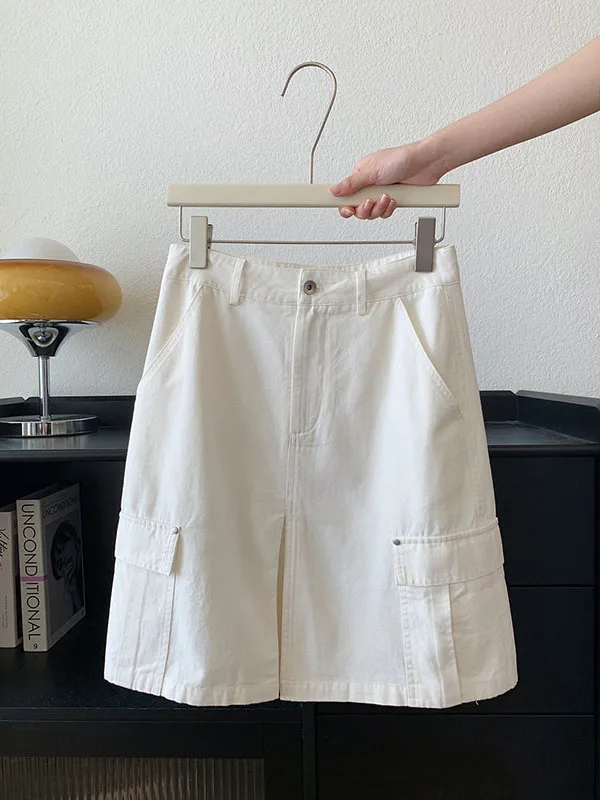 White Workwear Short A-Line  Skirt for Women Spring Summer New Style Pocket Design Casual Chic mid Waist Straight Cut