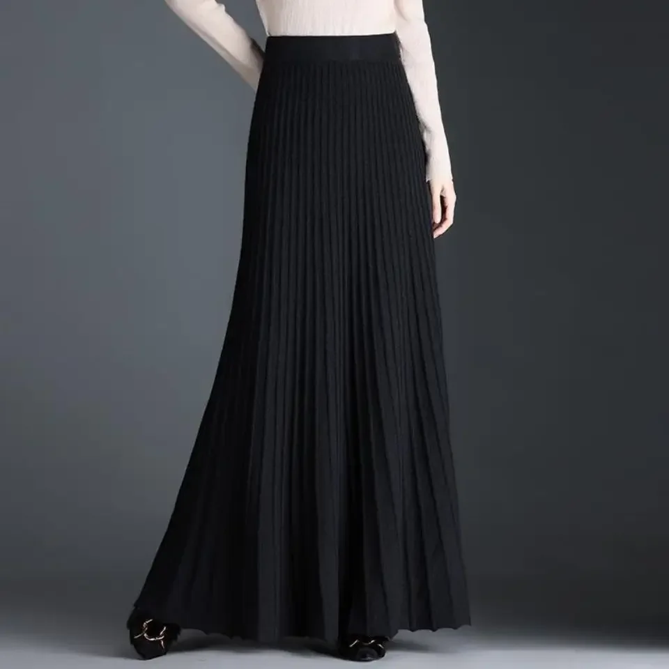 2024 New Spring Autumn Design Sensibility High-end Feel Half-polo/turtle Neck Slimming Waist-fit Extra Long Pleated Skirt L137