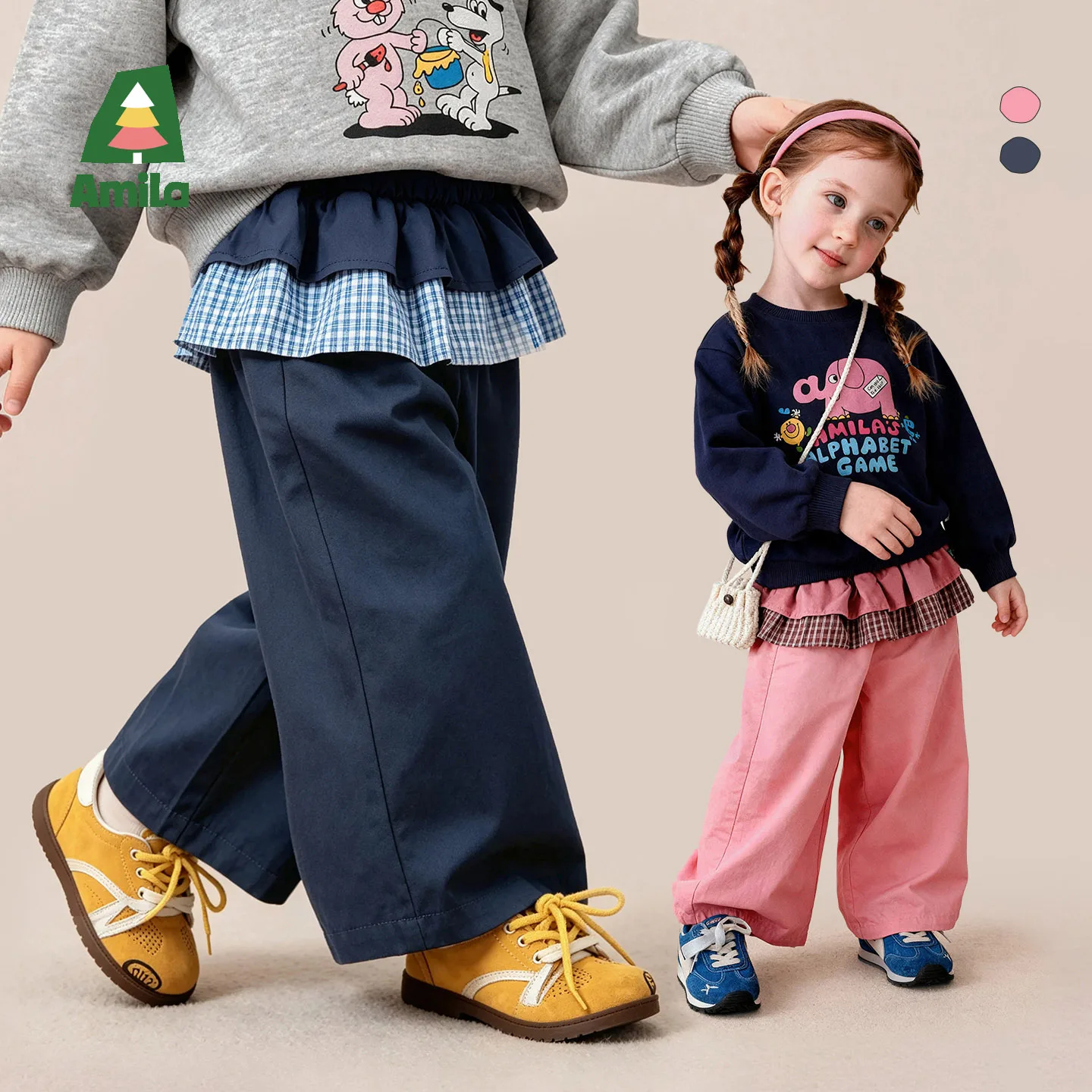 Amila 2026 Autumn New Kids Girls Casual Long Pants Ruffled Waist Splice Straight Leg Sweet Cute Daily Versatile Pants