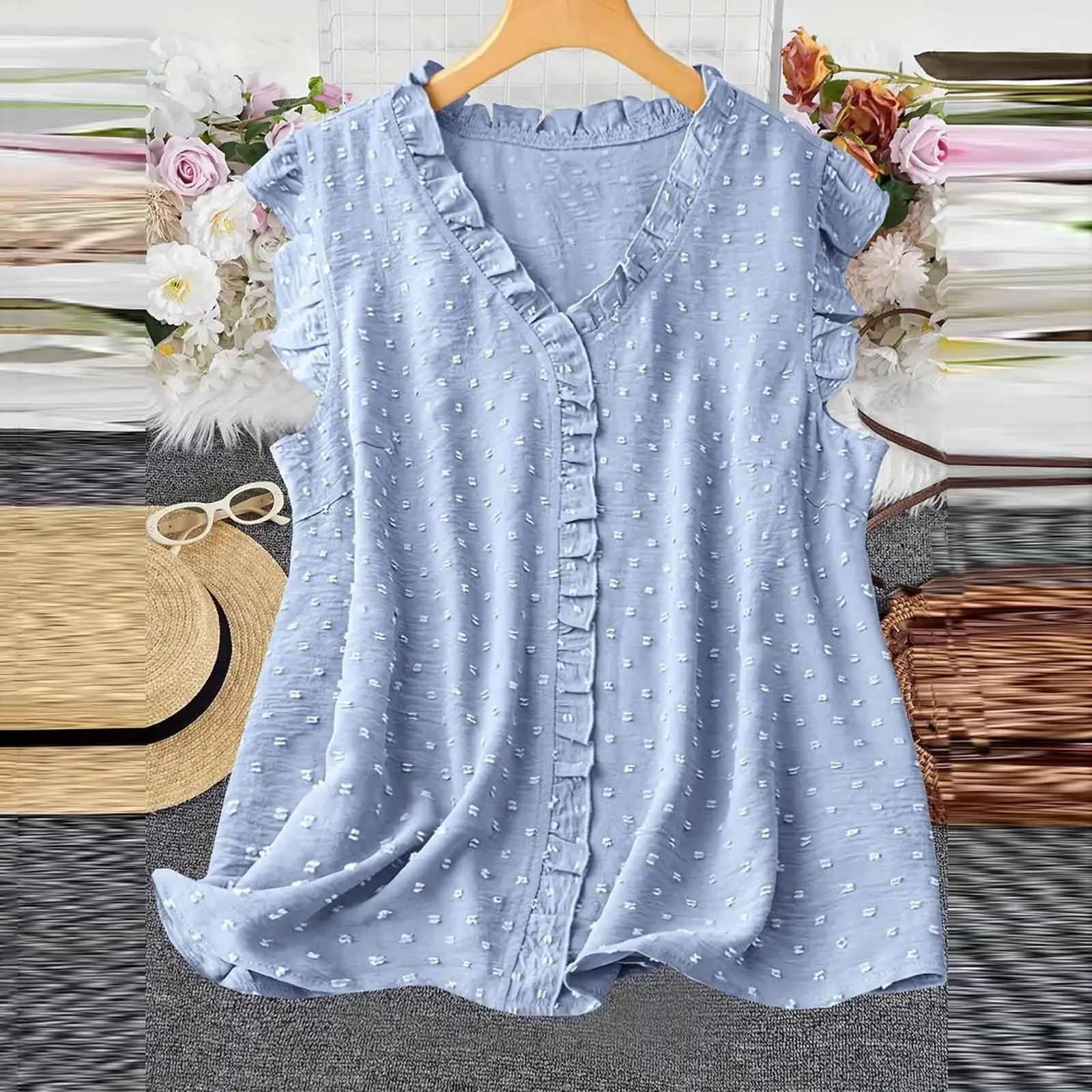 Womens Dots Tank Tops 2024 Summer V Neck Ruffle Trim Solid Tunics Casual Ladies Oversized Flowy Cute Large Size Korean Shirt