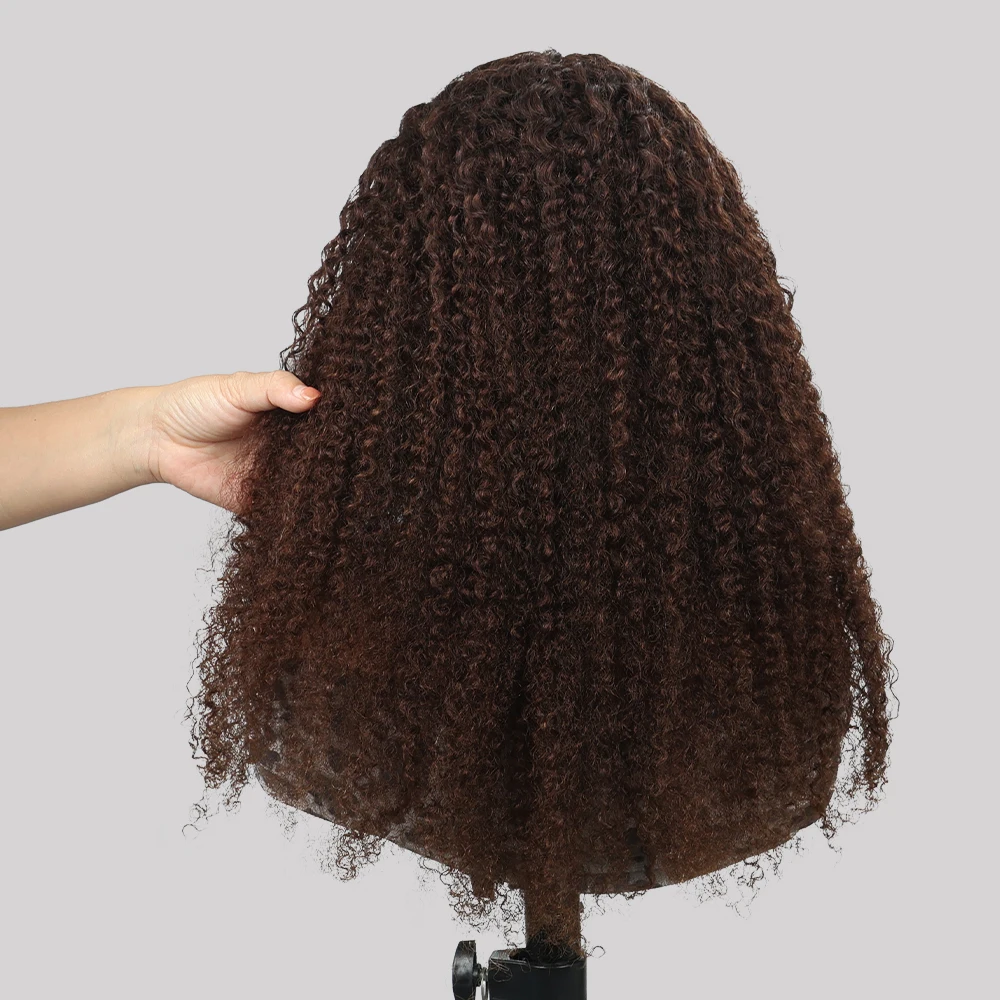 Glueless Chocolate Brown Kinky Curly Real Human Hair Wig 4# Colored Highlight Deep Wave 13x4 Lace Frontal Wigs With Drawstring