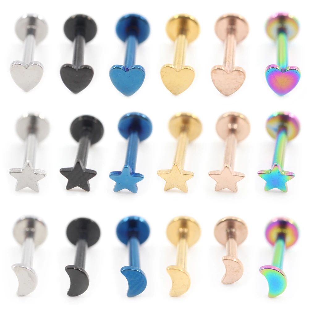 Alisouy 1PC Love Heart Star Moon Thread Stainless Steel Ear Tragus Labret Lip Ring Cartilage Stud Earrings Piercing Body Jewelry