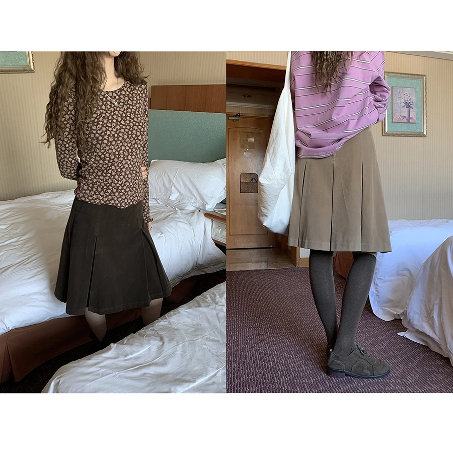 

Женская плиссированная юбка А-силуэта из утолщенной замши HelloooEat для осени и зимы, в стиле ретро, повседневная, из хлопковой ткани, на молнии