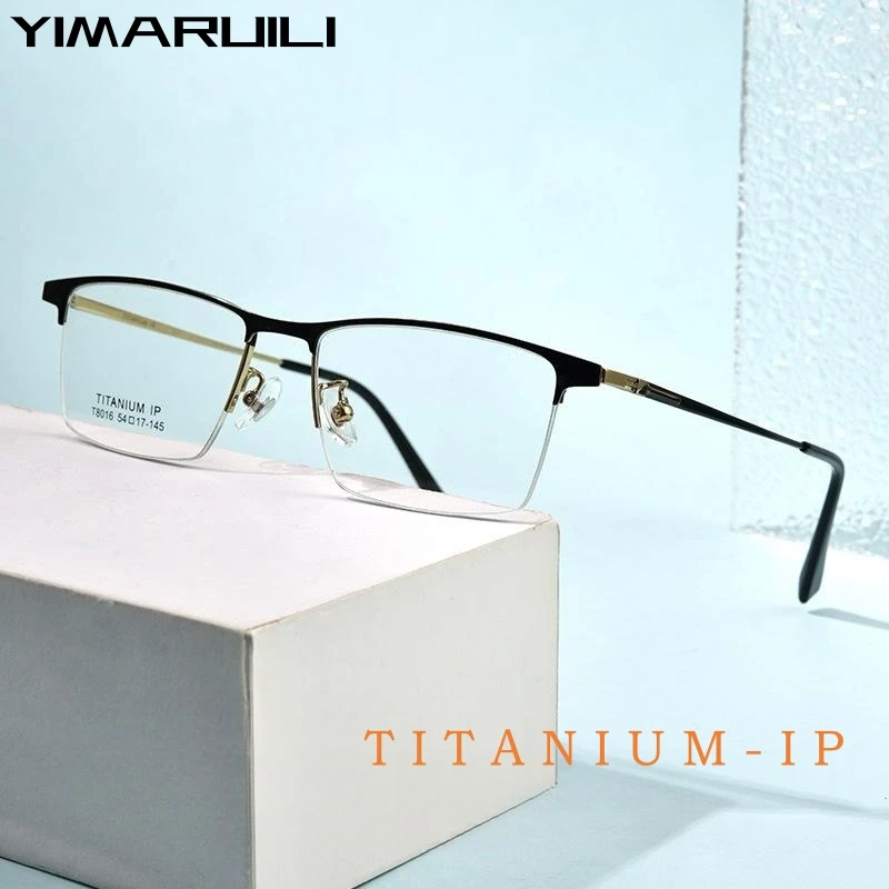 YIMARUILI Ultra-light Business Square Titanium Alloy Myopia Eyewear Retro Simple Men's Optical Prescription Half-frame Glasses