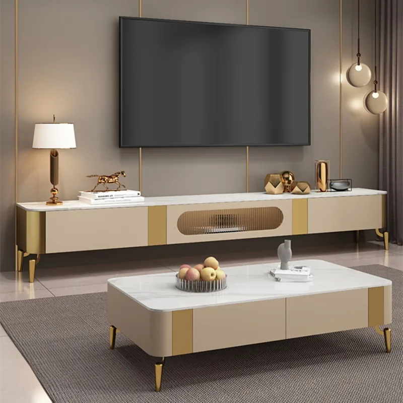 

Light luxury rock slab coffee table TV cabinet combination modern simplicity 2025 new living room floor solid wood glass door