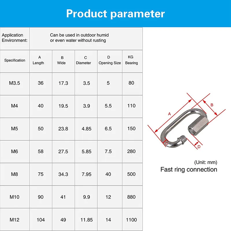 Ovaler Karabiner haken aus Edelstahl 304, Schnell kupplungen, Seil verbinder für Anhänger, Schaukel, Hängematten, Kabel, Camping – Detail 2
