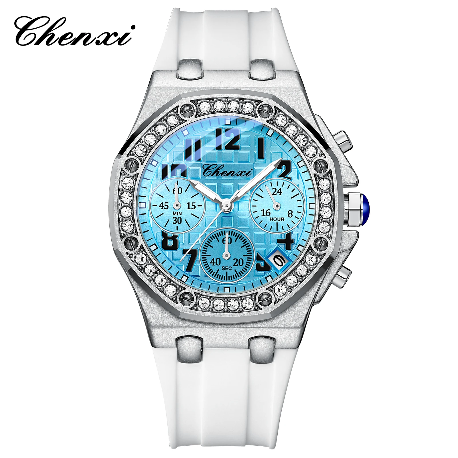 CHENXI 913 Reloj de cuarzo para mujer Reloj con correa de silicona blanca luminosa resistente al agua con sincronización multifuncional a la moda