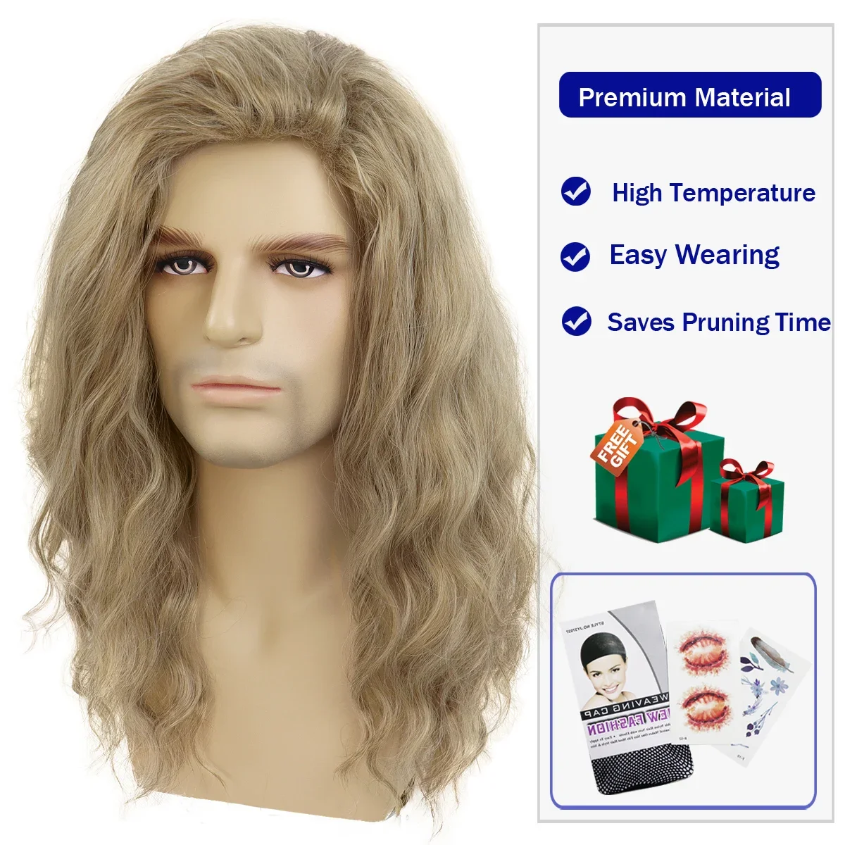 GNIMEGIL Synthetic Long Curly Wigs for Man Blonde Wave Hair Wig Men Cosplay Halloween Costume Natural Styles Party Male Gift Wig