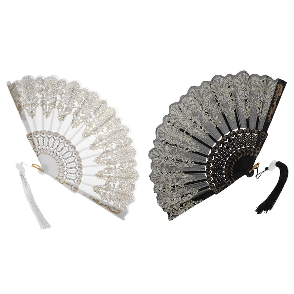 

2pcs Ancient Style Gold Foil Folding Exquisite Embroidered Handheld Portable Decorative Dance Fan For Wedding Performance Photo