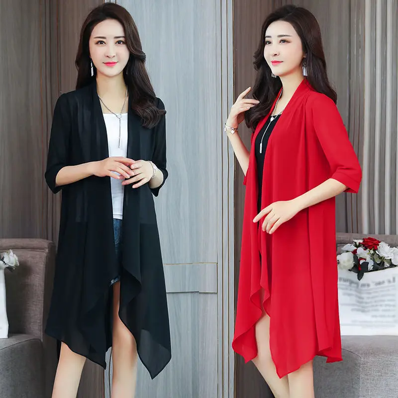 Spring Summer Shawl Collar Chiffon Outerwear Women's Mid-Length Lightweight Sun Protection Cardigan Single Piece Commute Style