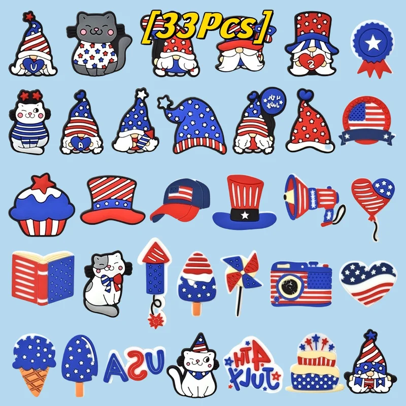 33-Piece Independence Day Series Shoe Spike Accessories Cute Cartoon Cat Shoe Charms Clogs Women's Men's Fashion Shoe Buckle Dec