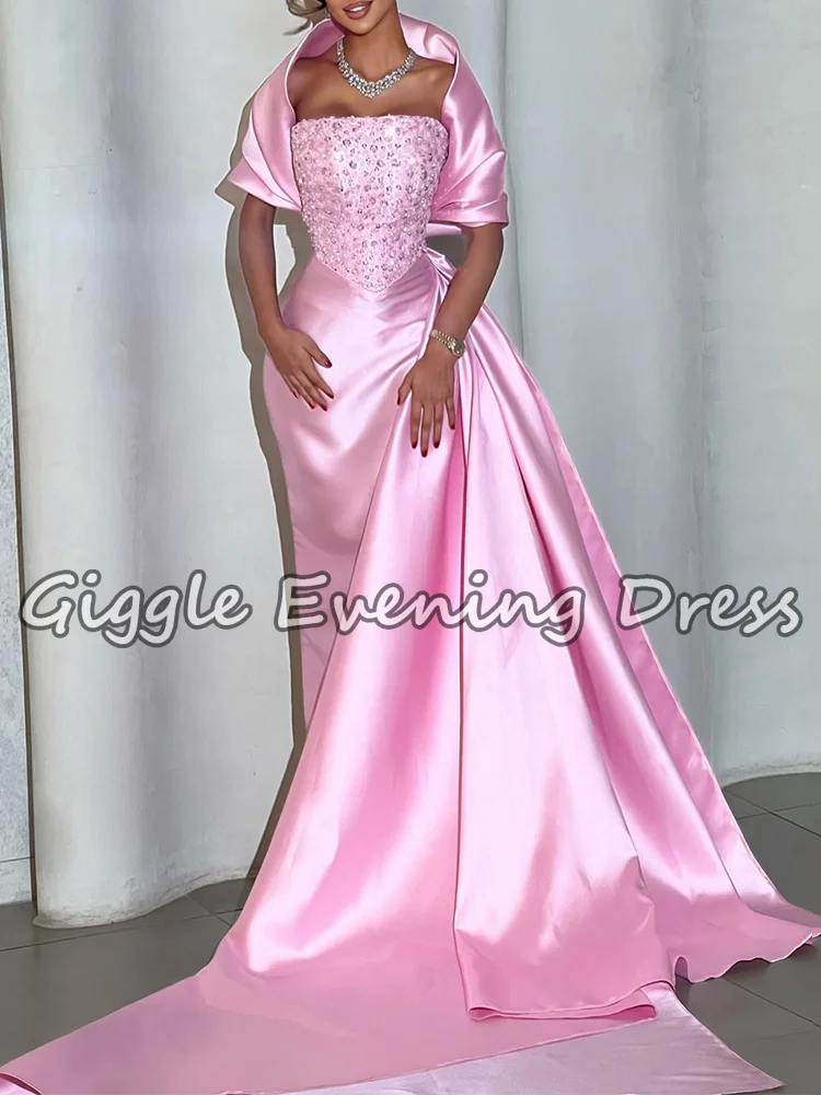 Gorgeous Pink Off-Shoulder Satin Prom Dresses Cape Short Sleeves Pleated Luxury Crystals Evening Dresses for Woman Customized