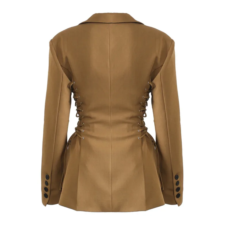 EAEOVNI Fashion Design Blazer Jas Vrouwen Effen Kleur V-hals Lace-up Trekkoord Verzamelde Taille Jas Streetwear 2023 nieuwe