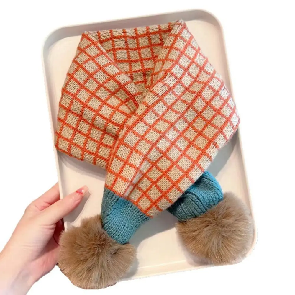 Soft Pompon Trim Plaid Knitted Scarf Stripe Pattern Warm Neck Cover Warm Neckerchief Warm Thicken Fabric Patchwork Shawl