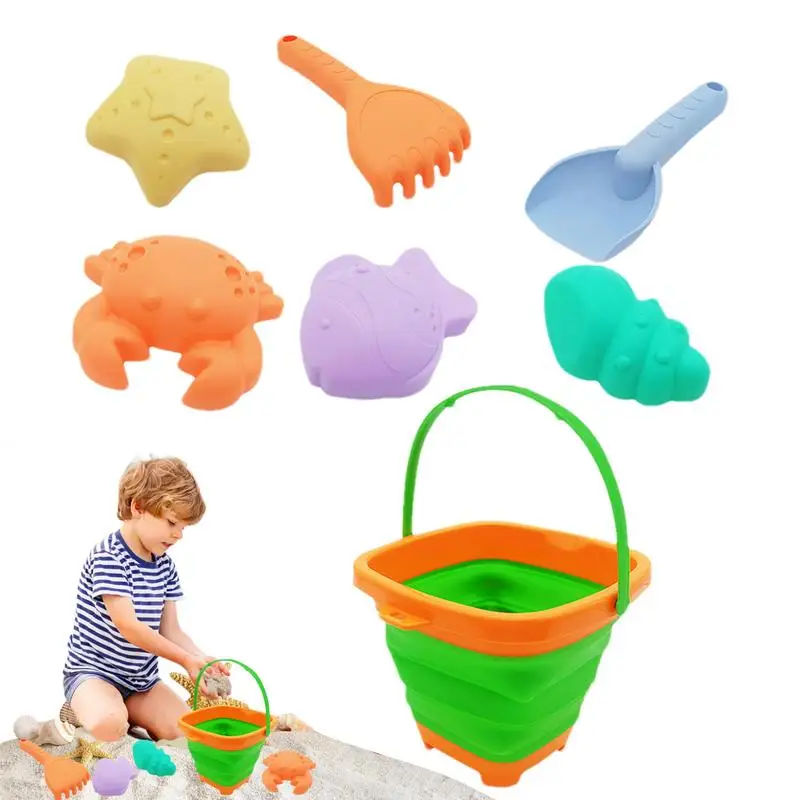 Toddler Beach Toys 7PCS Fun & Cute Travel Beach Toys Portable Rake Shovel Cute Sand Molds Foldable Beach Bucket With Mesh Bag