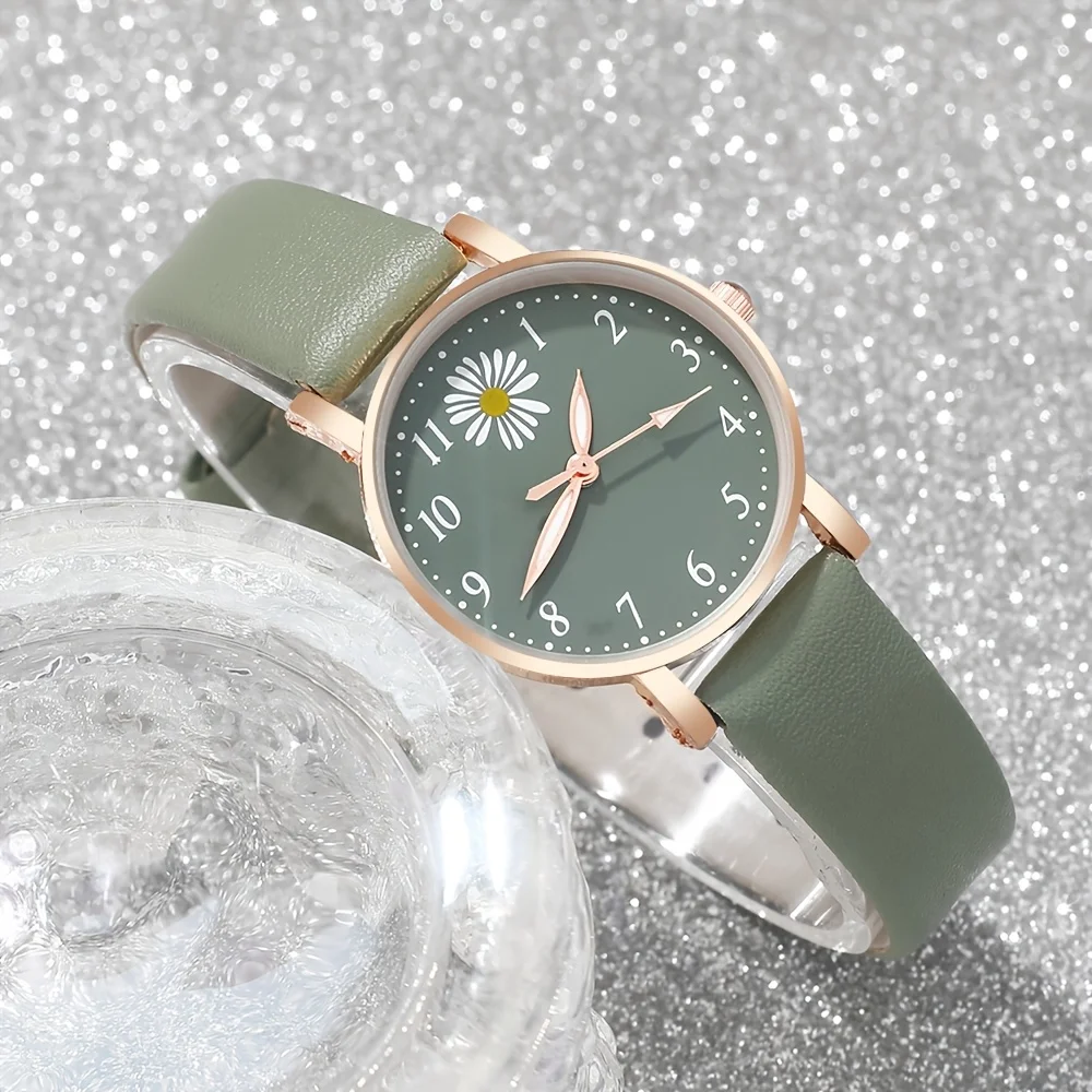 2pcs/1pcs Round Hand Quartz Watch Cute Daisy Charm Electronic Watch Set
