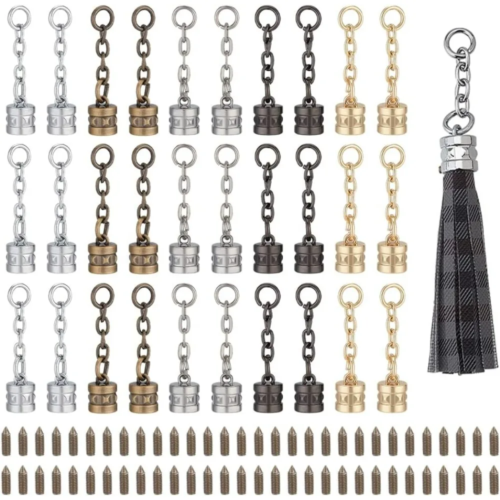 30 Sets 5 Colors Alloy Tassel Cord End Cap Glue-in End Cap Leather Cord Zinc Alloy Cord Ends with Chain Extender