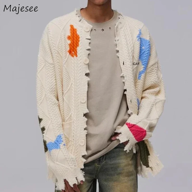 Knitted Cardigan Men Baggy Frayed Casual Panelled Coat Handsome Creative All-match Streetwear Chic Ulzzang Comfortable Кардиган