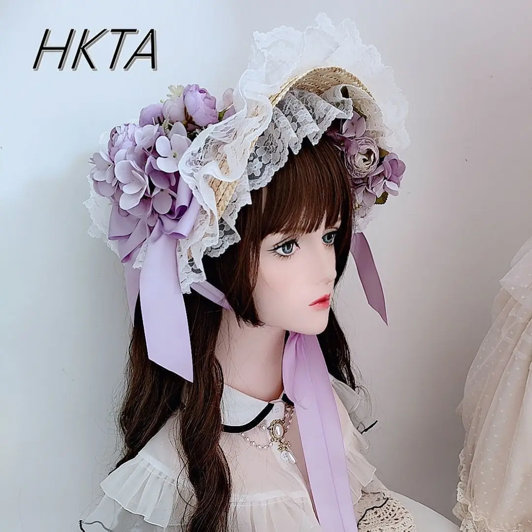 Franse Stijl Zoete Leuke Kant Splicing Bloem Boog Strohoeden Vrouwen Lolita Zomer Pastorale Prachtige Elegante BNT Platte Hoeden Dames