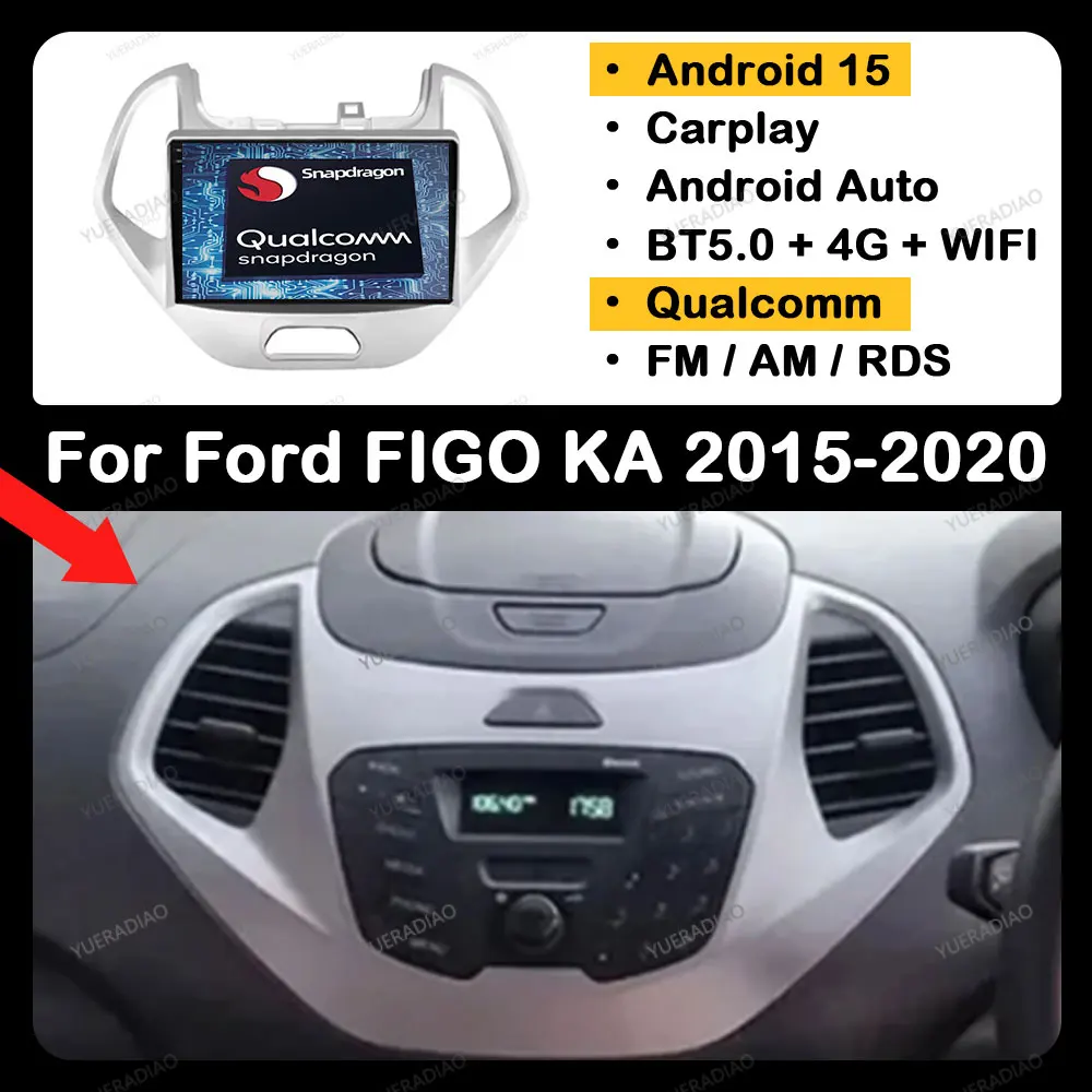 Android 15 Carplay Auto For Ford FIGO KA 2015 2016 2017 2018 2019 2020 Head Unit Multimedia Video Player GPS NAVI QLED 2DIN BT