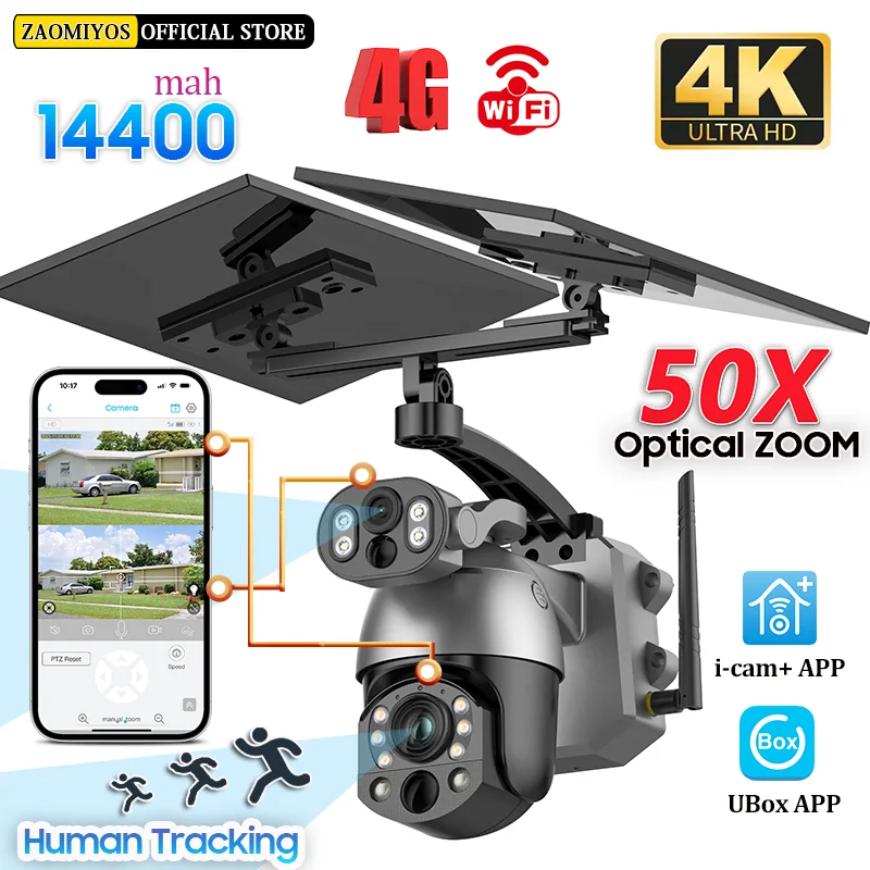 4K 50X ZOOM 10MP Solar Camera 4G SIM 360° Outdoor Dual Lens Human Tracking PIR Night Vision WIFI Battery Security CCTV IP Camera