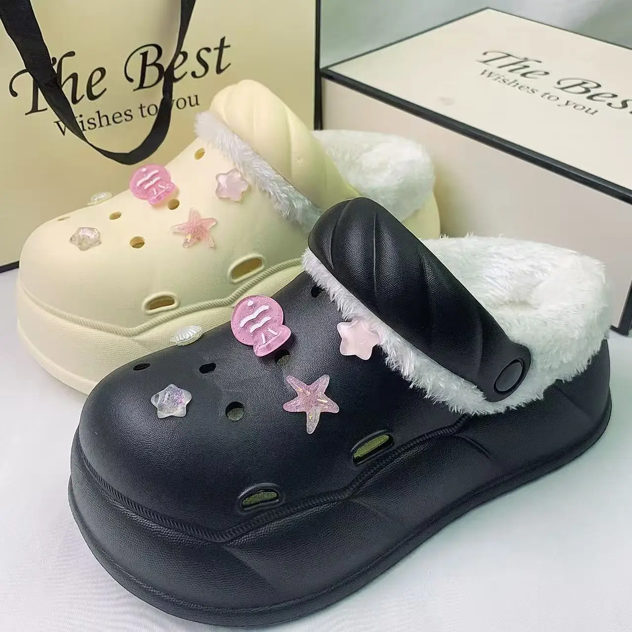 Fashionable Cotton Slippers for Women, Plush Clogs, Pink Fish-Shaped Thick-Soled Eva Clogs, Non-Slip, Soft and Comfortable for Home, Shopping, and Outdoor Wear