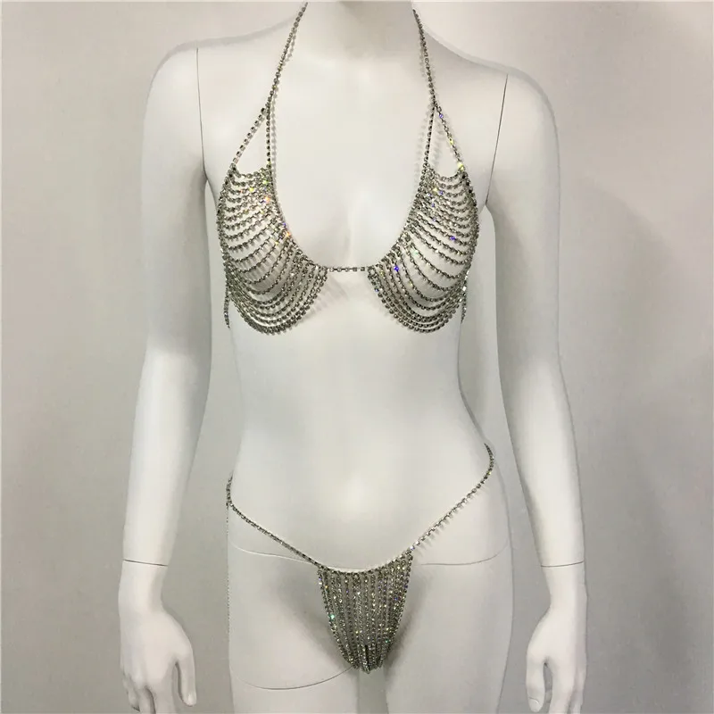 2Piece Set Women Matching Sets Crystal Diamond See Through Bra Tops Summer Beach Bikini String Thong Club Party Rave Suits