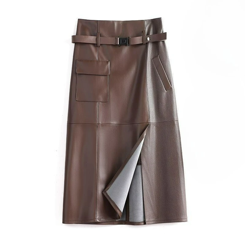 New Slit High-waisted Slimming Mid-length Leather Skirt for The 2025 Autumn/winter Season Women's Clothing Simple Style Skirts