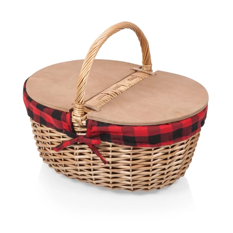 Country Vintage English-Style Wicker Picnic Basket with Split-Lid Design Red and Black Buffalo Plaid Pattern