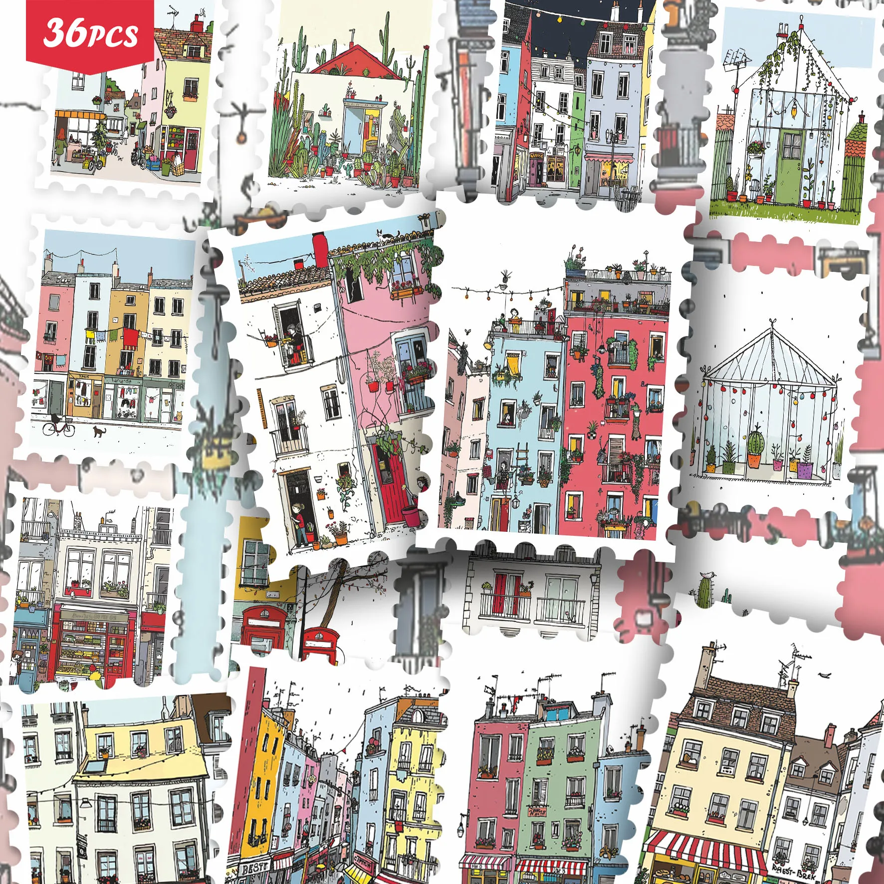 36PCS Cute Townhouse Sticker Set for laptops, Street & Greenhouse Designs, Great for Planner Decor & Collage Art