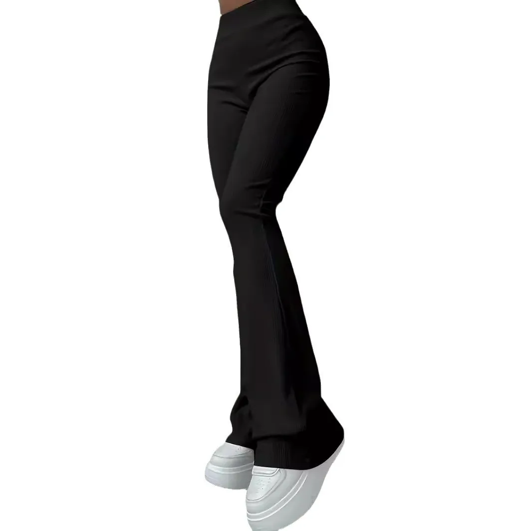 Women Flared Pants High Waist Full Length Trousers Ribbed Texture Solid Color Leggings Black Slim Fit Pink Wide Leg Brown Pants