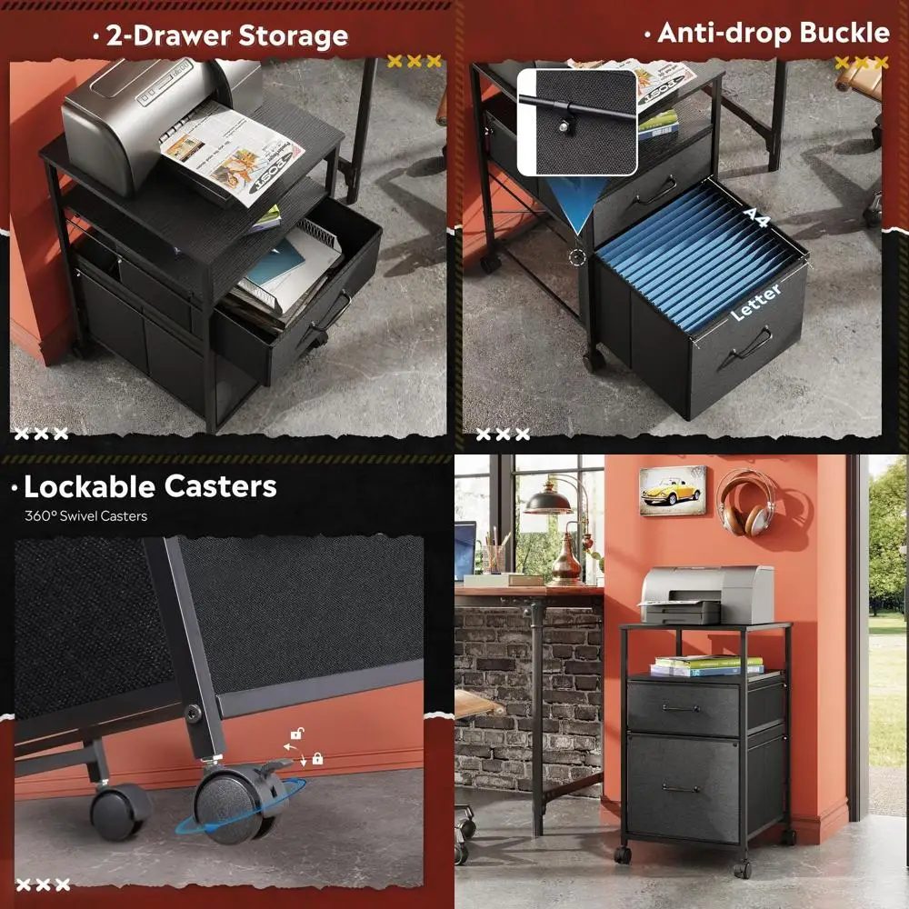 

Black Rolling Printer Stand with Open Storage and A4/Letter Vertical File Cabinet for Home Office