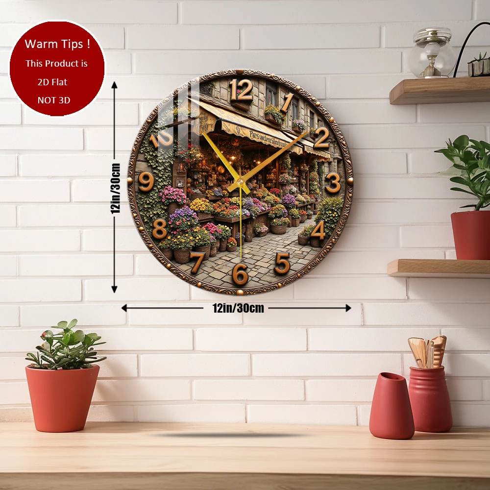 Tempered Glass Wall Clock Parisian Flower Shop Clock Suitable For Wall Decor or Tabletop Display Anywhere