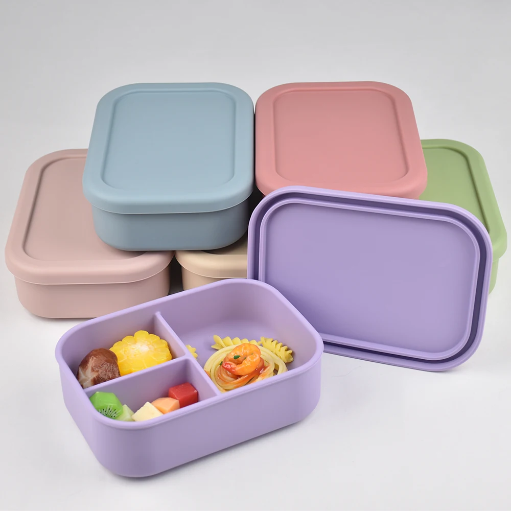 3-Compartment Food Grade Silicone Bento Lunch Box - Leakproof, Microwaveable, Eco-Friendly Kids Adult Meal Prep Containers
