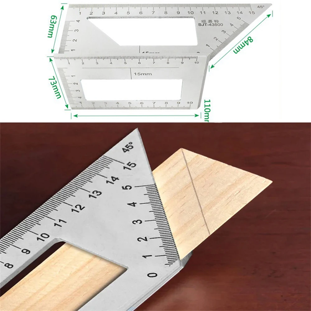 Alumínio Alloy Woodworking Angle Ruler, 45, 90 Graus, Medidor Multifuncional, Tirangular, Ferramentas de Medição