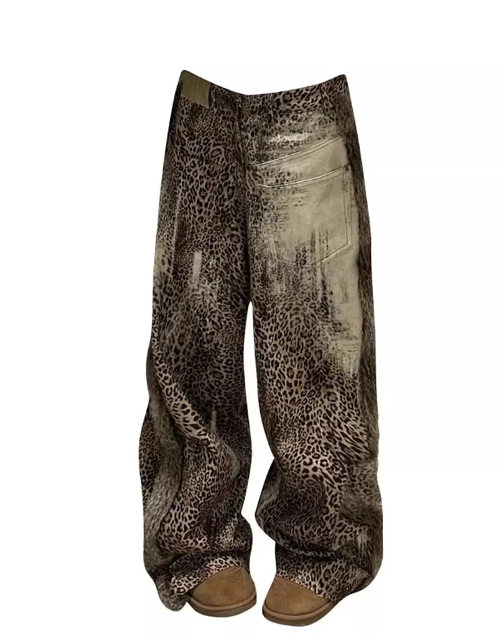 Plus size americano retro emenda fluff leopardo impressão jeans de cintura alta nova menina legal outono inverno rua calças de perna larga esfregar