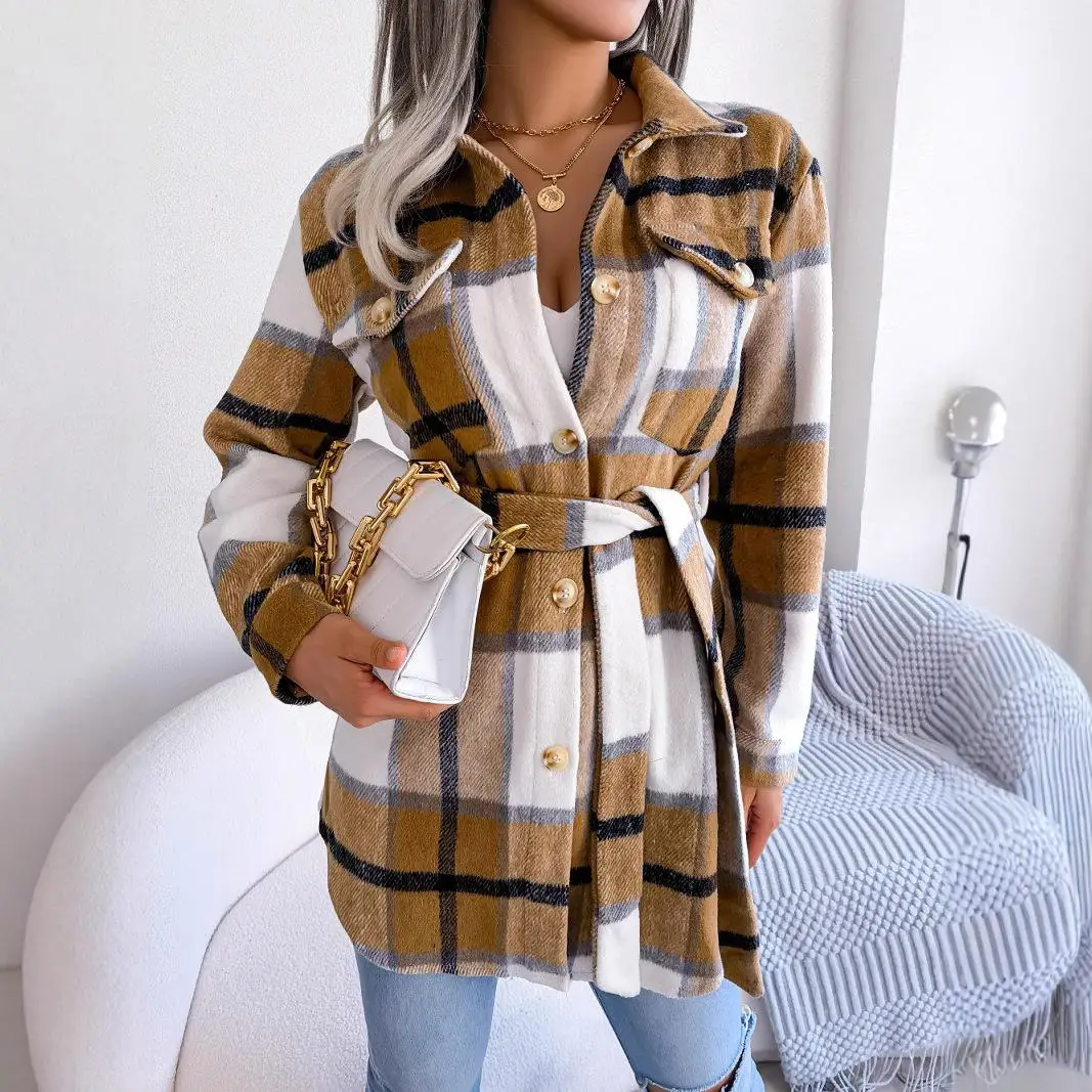 

Autumn Winter Thiened Long Sve Plaid Woolen Coat Casual Contrast Color Belted Outerwear for Women Winter Warm Outerwear